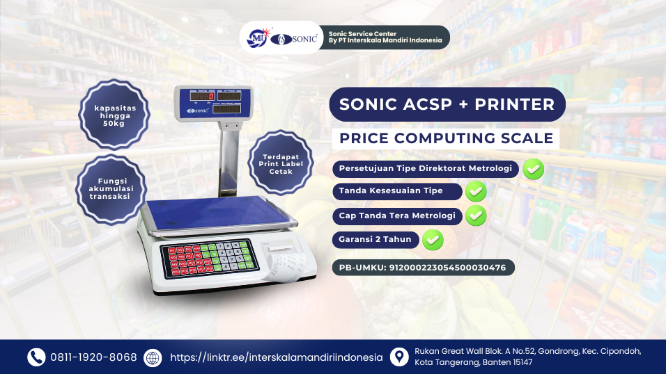 Timbangan Digital Sonic ACS-P + Printer: Solusi Modern untuk Menimbang, Menghitung Harga, dan Mencetak Struk dalam Sekali Proses